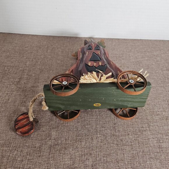 Primitive Wood Jack O Lantern On Green Hay Rack Wagon Cart. Pull-Along - Picture 7 of 10